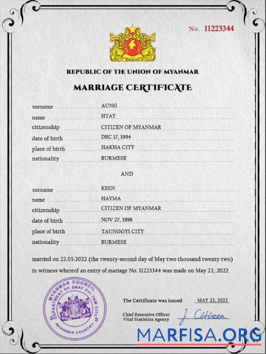 Realistic Myanmar marriage certificate PSD template